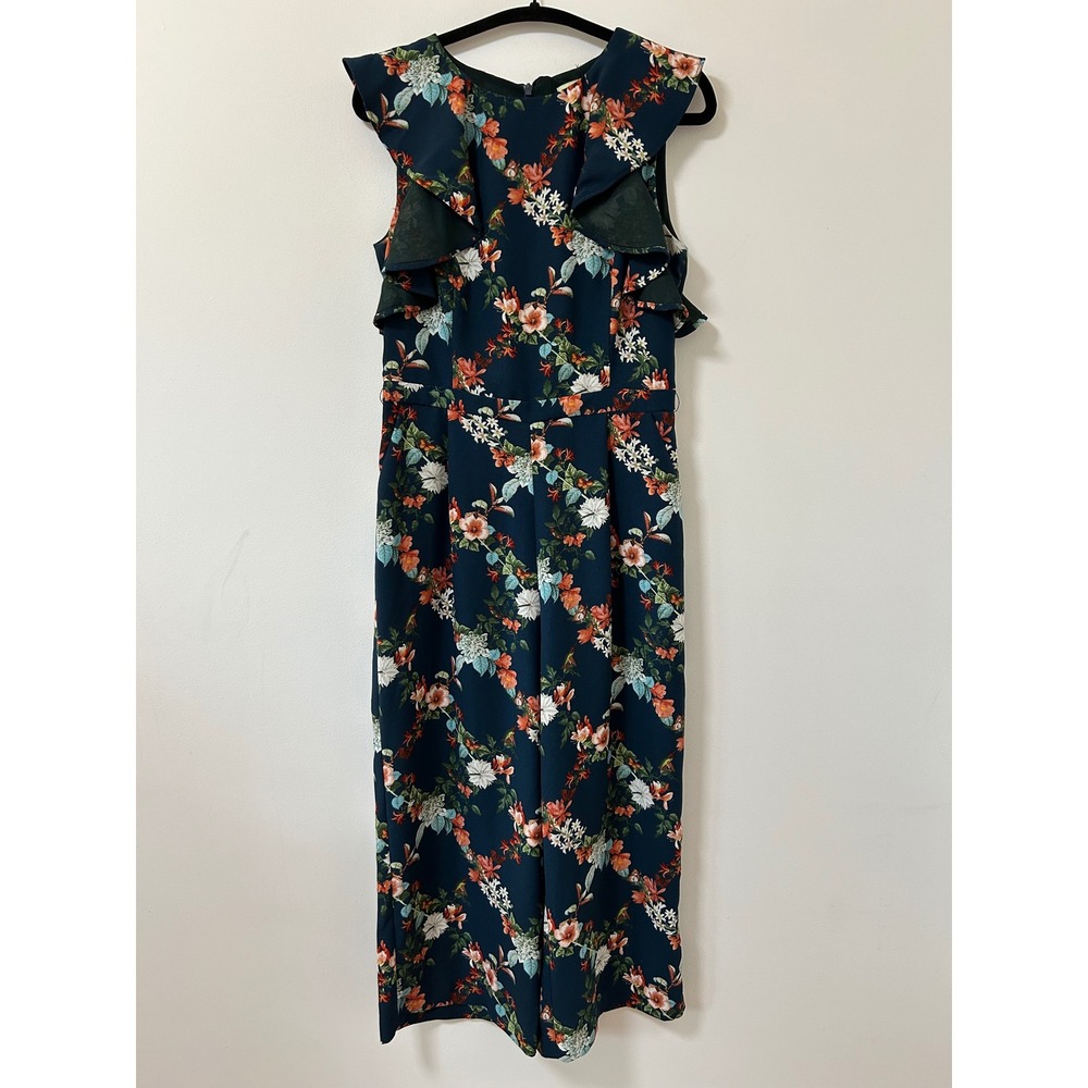 Oasis The Fitzwilliam Museum Floral Wide Leg Jumpsuit Navy Teal Ruffle Size 10